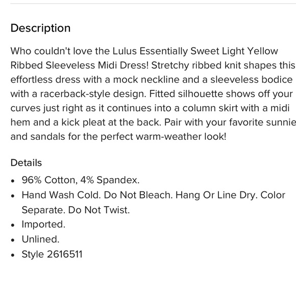 NWT Lulu’s Essentially Sweet Light Yellow Ribbed Midi Dress - Picture 7 of 8